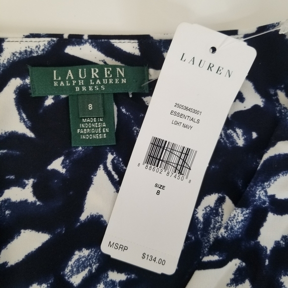NWT Lauren Ralph Lauren Navy Print Stretch Sheath Dress Side Ruched Cap Sleeve 8 - Picture 8 of 15